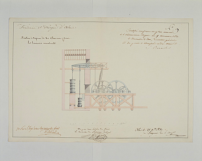 Fonds usine de Tamaris. Dessin de la machine à vapeur de 80 cv située dans la grande forge dès l'origine de l'usine et destinée à extraire les trains de laminoirs pour la production de fers marchands