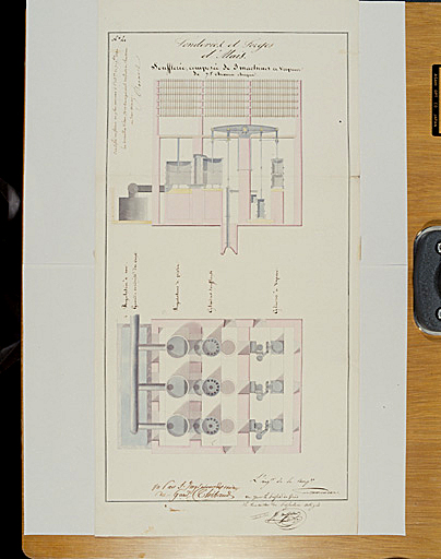 Fonds usine de Tamaris. Plan de la soufflerie qui alimentait en air sous pression le groupe de 6 hauts fourneaux originels de l'usine, et coupe de l'un des trois compresseurs à piston