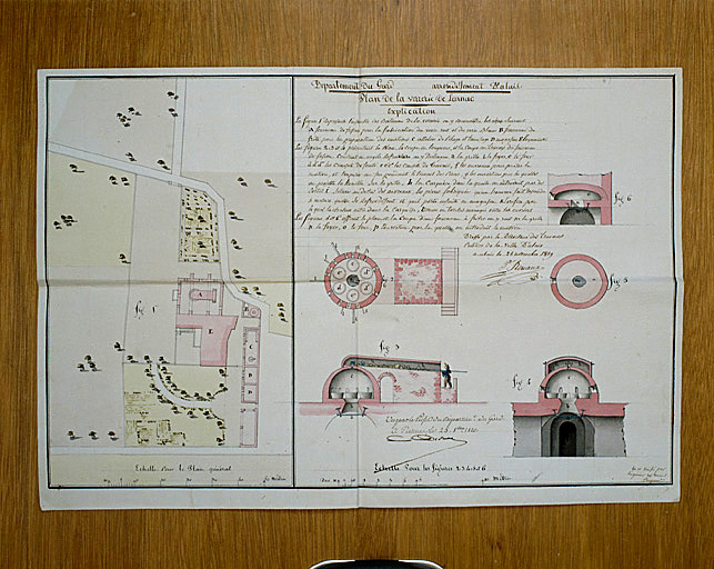 Plan du bâtiment et détail des fours. Dossier d'autorisation, 1819.