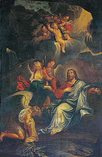 Tableau : Jésus servi par les anges.