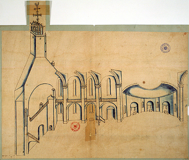 Dessin, coupe longitudinale et élévation intérieure. Premier quart XVIIe siècle.