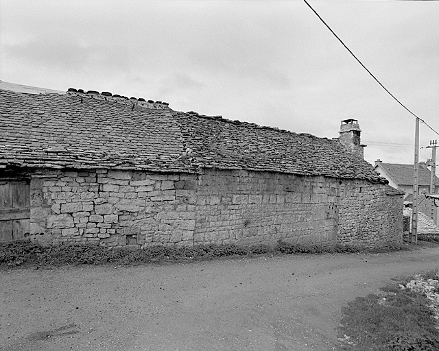 Elévation postérieure d'une ferme (p.c. 54) au Falisson : appareil assisé de calcaireaucentre. Toits couverts de schiste (à gauche) et de calcaire (à droite).