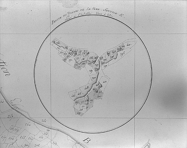 Partie sud du hameau de La Fage. Extrait du plan cadastral de la commune de Saint-Etienne du Valdonnez, 1809, échelle de 1/2500.