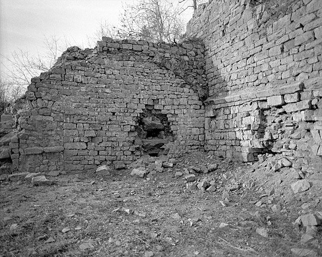 Vue d'ensemble des ruines du logis avec le four à pain, prise vers le nord-ouest..