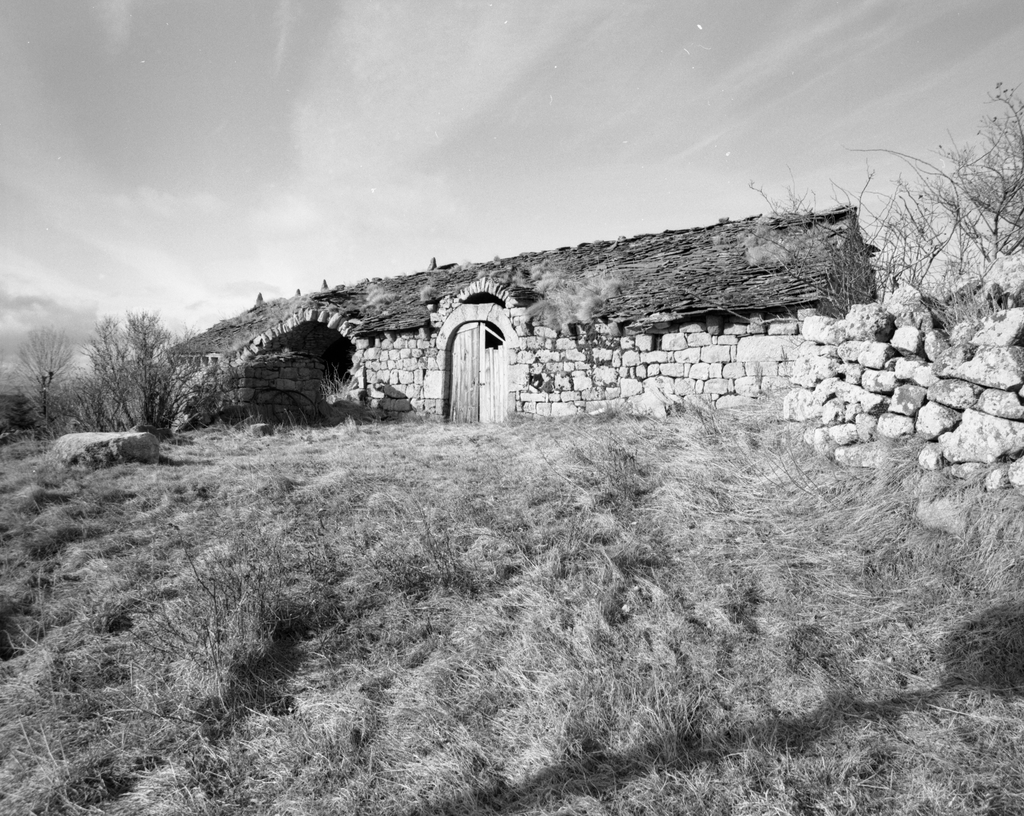 Vue d'ensemble de la grange et de l'aire à battre prises de l'est