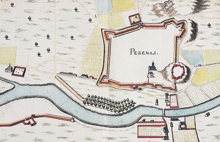 Plan général des fortifications de Pézenas, extrait de la Cosmographia Galliae de Mathieu Mérian, 1657.