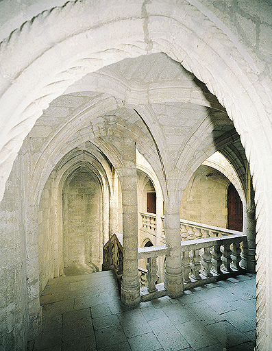 Vue d'ensemble de l'escalier et des galeries du premier étage.