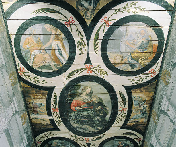 Chapelle, plafond peint, la Vierge et les évangélistes.