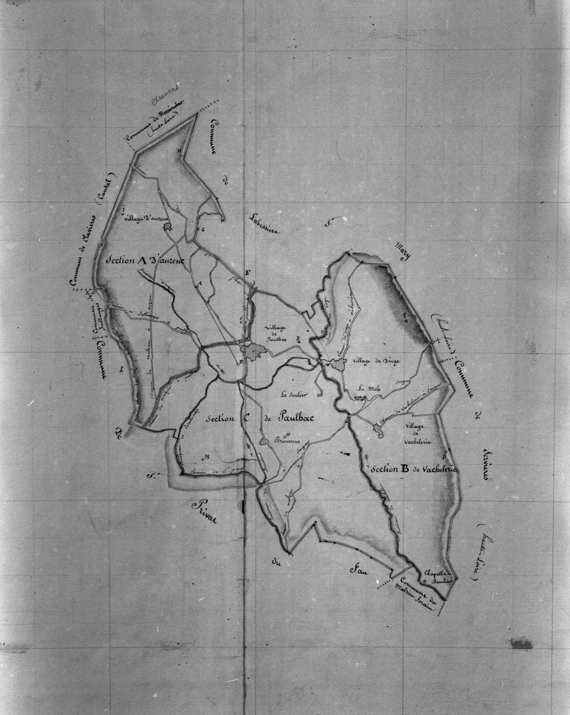 Plan cadastral de la commune de Prunières, 1820. Tableau d'assemblage à l'échelle de 1/10000