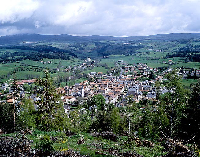 Vue d'ensemble du Malzieu-Ville et du paysage de la Margeride prise des hauteurs qui dominent l'agglomération en direction de l'est