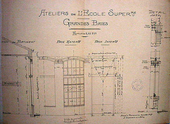 'Perpignan. Ateliers de l'Ecole Supérieure [de garçons] : grandes baies', face extérieure et face intérieure, dessin à la plume sur papier, par l'Ingénieur de la ville, 17 juillet 1914.