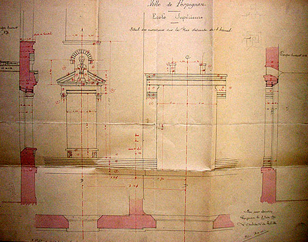 'Ville de Perpignan. Ecole Supérieure [de garçons]. Détail des ouvertures sur la rue descente de l'Arsenal', élévation, dessin à la plume sur papier avec rehauts de couleurs, par Léon Baille architecte de la ville, 03 juin 1899.