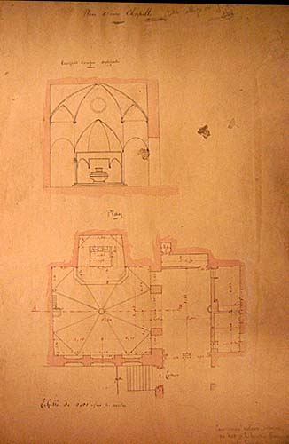 'Perpignan. Plan de la chapelle' [Cours secondaires de jeunes filles], coupe, plan au sol, dessin à la plume sur papier avec rehauts de couleurs, par Gelly, s.d. [entre 1895 et 1902].