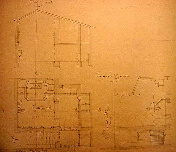 [Perpignan. Cours secondaires de jeunes filles. Relevé ou projet de transformations de la chapelle], deux coupes et un plan au sol, dessin à la plume sur papier avec rehauts de couleurs, par Laurent Vidal, s.d. [entre 1895 et 1902].