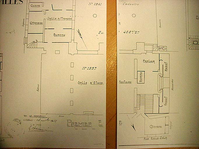 'Perpignan. Internat [du collège] de jeunes filles : plan des lieux', plans et coupe, encre sur papier, par Maury, 3 novembre 1921. Détail. Plan du 1er étage.