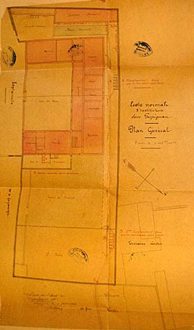 'Ecole Normale d'Instituteurs dans Perpignan', plan général, encre sur papier avec rehauts de couleur, par Vignol, 9 février 1882.