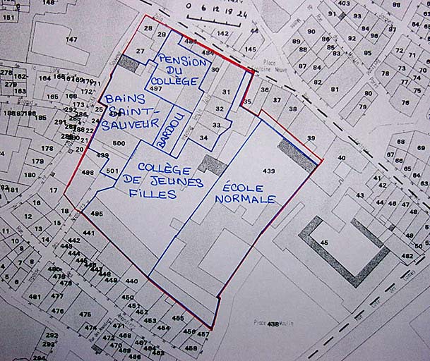 Restitution sur le cadastre de 1975 de l'occupation en 1931 du fonds de l'ancien couvent Saint-Sauveur, d'après un plan du 13 novembre 1931.