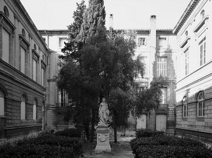 Musée-bibliothèque Fabre, cour. Au premier plan, statue, allégorie de la Peinture.