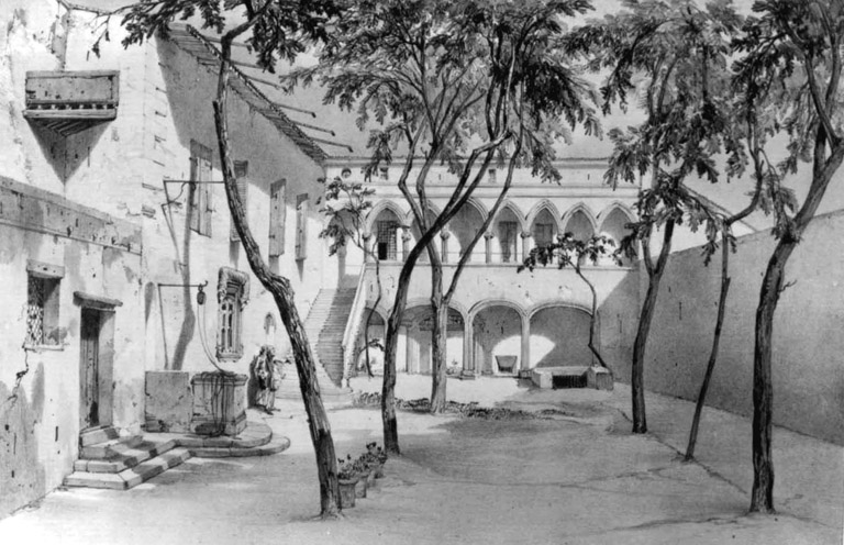 'Palais où mourut Philippe III, dit le Hardi, à Perpignan, Roussillon' [Vue présumée de la façade sur jardin de la Casa Xanxo], par M.A. Dauzats, s.d. [1833-1836].