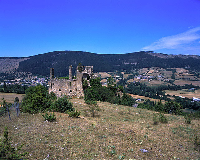 Vue d'ensemble du château prise du sud ; à l'arrière plan, le village de Saint-Bauzile et le causse de Mende.