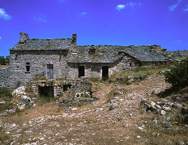 Vue d'ensemble du logis et de la grange-étable prise du sud.