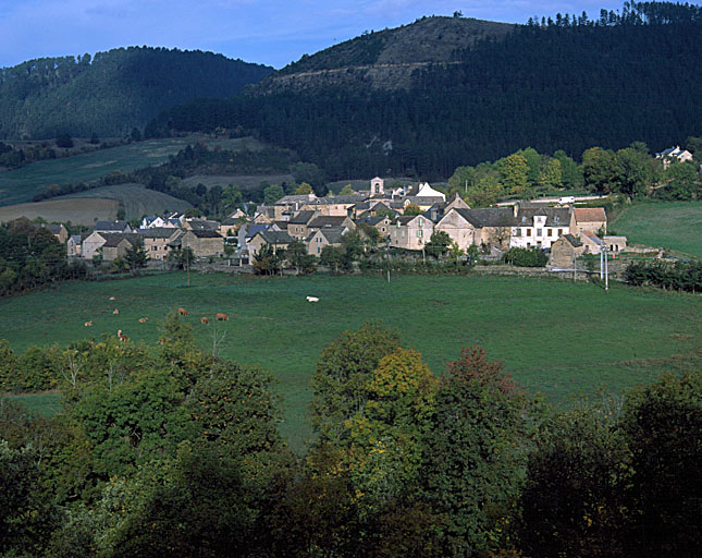 Vue d'ensemble du village prise du sud-est ; en arrière plan le causse de Mende.