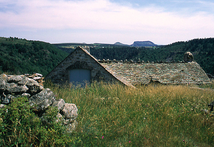 Vue d'ensemble de la grange, de l'aire à battre et du toit du corps de logis prise du nord..