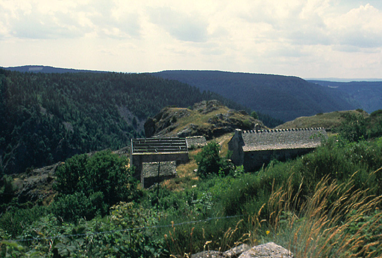 Vue d'ensemble du logis et des granges prise de l'est. A l'arrière plan : les gorges du Bramont.