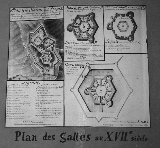 Plan de la citadelle de S Tropez (...) [Plan de la citadelle, 3 plans du donjon pris à différents niveaux] 18e siècle.