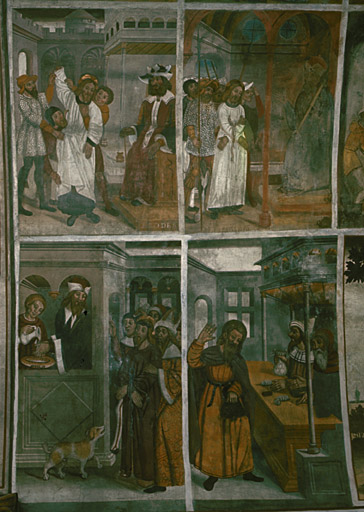 Voûte de la troisième travée. Jésus devant Hérode ; Jésus ramené devant Pilate ; Pilate se lave les mains ; Judas rend les trente deniers.