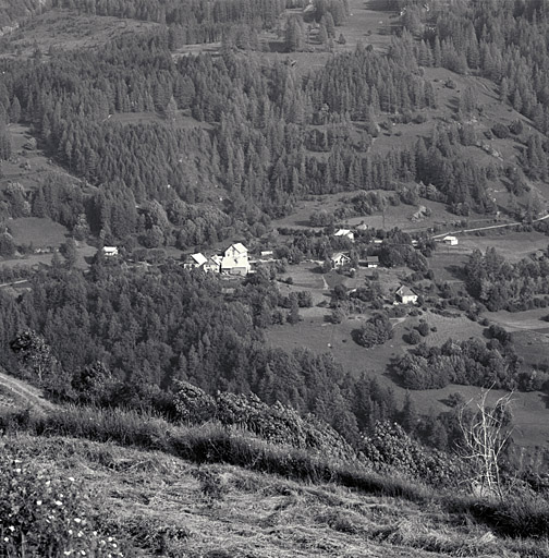 Les Ratiers. Vue prise des Usclas. Noter les prés de fauche dans la forêt de mélèzes.