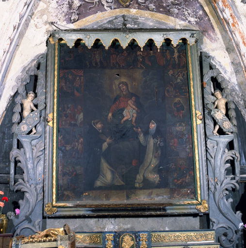 Tableau et son cadre : La Vierge et l'Enfant remettant le rosaire à saint Dominique de Guzman et à sainte Catherine de Sienne