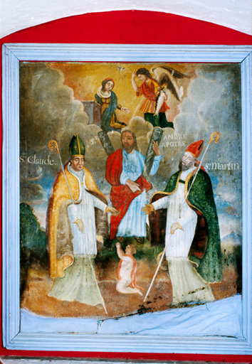 Tableau. Un enfant implore saint Claude, saint André et saint Martin. Dans le registre supérieur, scène de l'Annonciation.