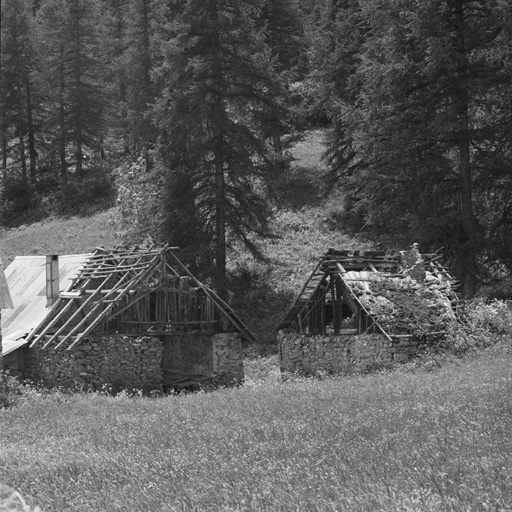 Celvan. Chalet et grange. Vue prise du nord-ouest. L'ensemble est formé d'une maison et d'une écurie-grange séparée.