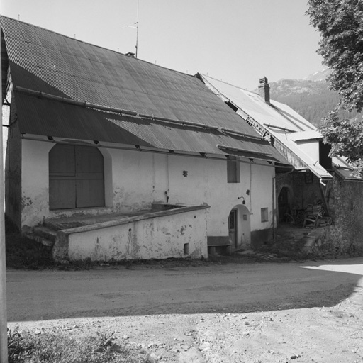 Parcelle 1214. Mur gouttereau ouest. Maison à double façade, l'une donnant sur la rue à l'ouest, l'autre sur le jardin à l'est. Noter les deux plans inclinés d'accès à la grange.