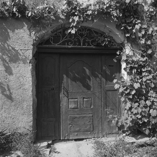 Les Pananches. La porte de la court. Noter la date dans l'imposte et le décor du panneau inférieur du battant.
