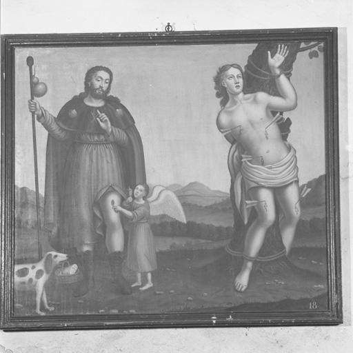 2 tableaux (en pendant) : Saint Roch de Montpellier et saint Sébastien, saint Barthélemy (?) et saint Jacques le Majeur.