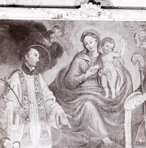 Tableau : Vierge à l'Enfant, saint évêque, saint Philippe Neri.