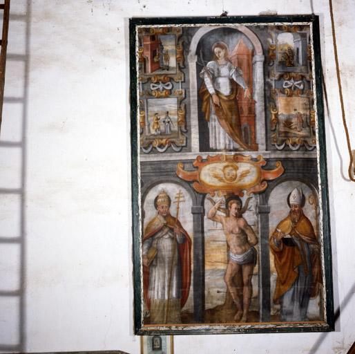 Tableau : Sainte Barbe, saint Sébastien, saint pape, évêque.