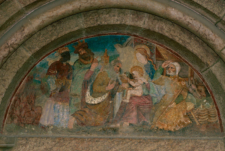Tympan du portail. Adoration des mages.