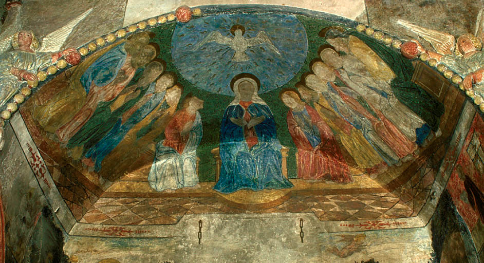 Peintures monumentales : Saint Antoine ermite et saint Paul ermite, Pentecôte, Saint Jean Baptiste et saint Jean l'Evangéliste, Dieu le Père, Deux donateurs, Saint Sébastien