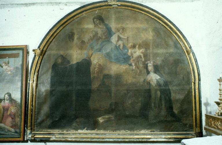 Tableau : Remise du Rosaire à saint Dominique de Guzman et sainte Catherine de Sienne.