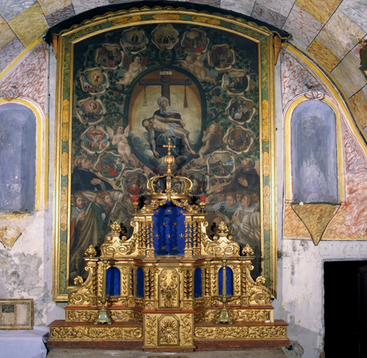 Tableau : La Vierge de pitié, scènes du rosaire, saint Dominique, saint François d'Assise, personnages en prière