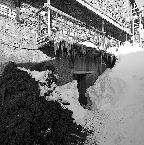 Paysage d'hiver au Chazelet. La trace est faite dans la neige jusqu'à la porte du corridor. Le fumier, sorti régulièrement, est entreposé à proximité de la maison.