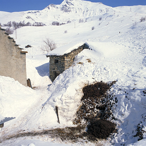 Noter le tas de fumier et la trace faite jusqu'à la porte de la grange et de la chambre ménagère.