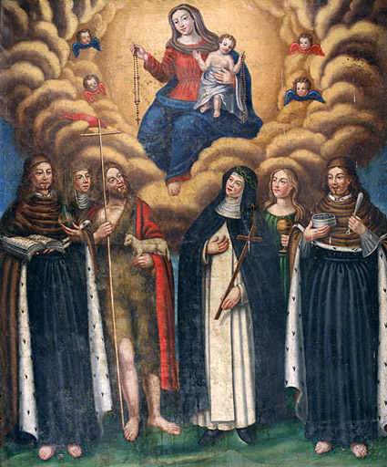 Tableau (tableau d'autel) : remise du Rosaire à un groupe de saints