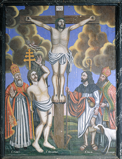 Tableau : Christ en croix, saint Fabien, saint Sébastien, saint Julien, saint Roch