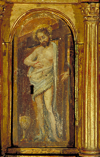 Panneau peint du tabernacle supérieur. Christ de Pitié.