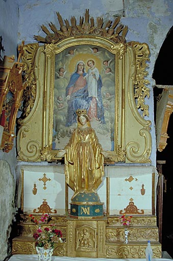 Ensemble de l'autel secondaire de la Vierge (tabernacle, 3 gradins d'autel, statue, retable)