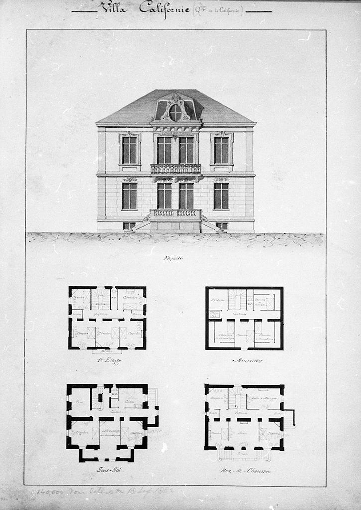 [Villa la Californie à Cannes. Façade et plans des niveaux.], vers 1880-1890.